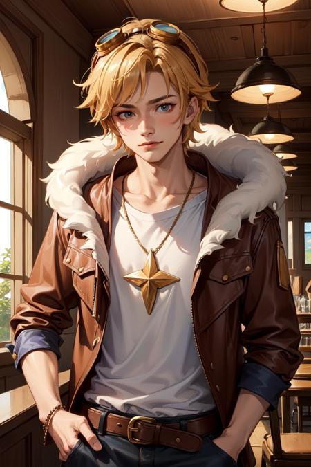 ezreal, 1boy, brown jacket, goggles on head, belt porcelain protector ezreal, 1boy, chinese clothes, multicolored hair, white hair, blue hair, short ponytail