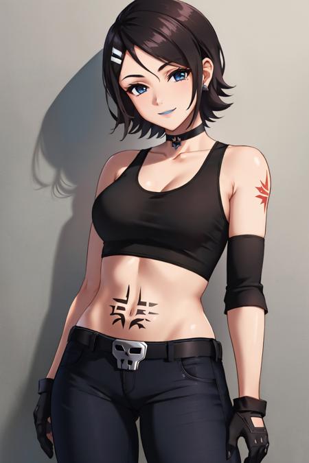 (masterpiece, best quality:1.2), solo, 1girl, jsrcube, smile, looking at viewer, black tank top, black gloves, black pants, choker, midriff <lora:jetsetradio_cube-09:1>