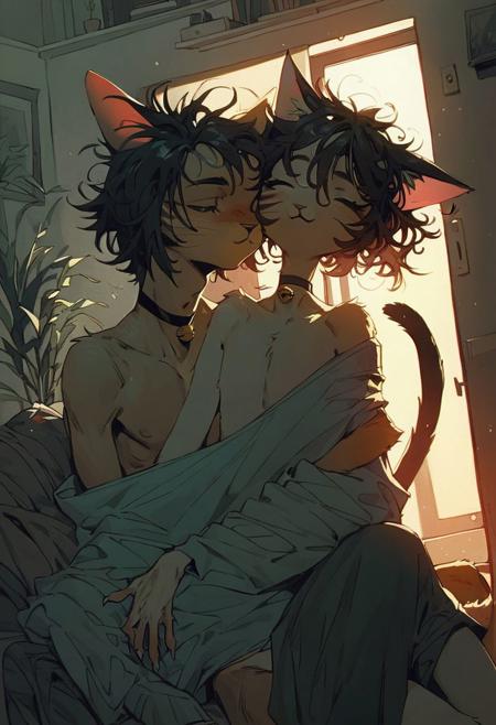 score_9, score_8_up, score_7_up, (cat girls), (cat boy), 1girl 1boy, untidy living room, early morning, anthro, skinny, heterosexual, couple, cuddling, partially undressed, messy hair, choker, oversized clothes, dutch angle, alternate hairstyles, top and sub, feminine,