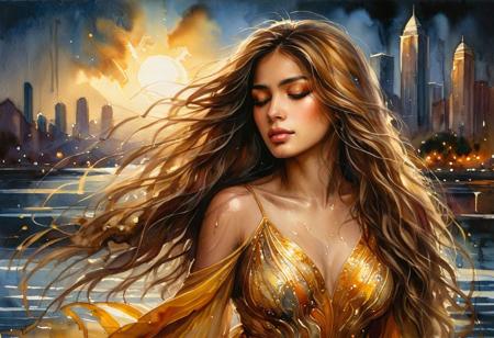 A gouache oil painting a golden exotic woman in a flowing dress accented by liquid gold splashes, her multilayered eyes sparkling in warm light. She has long wavy hair, her expression serious and eyes closed as if deep in thought. Set against a dark backdrop with hints of a distant cityscape, the scene exudes a mystical and ethereal mood, dripping in luxurious golden tones.
 easynegative, ral-wtrclr, .