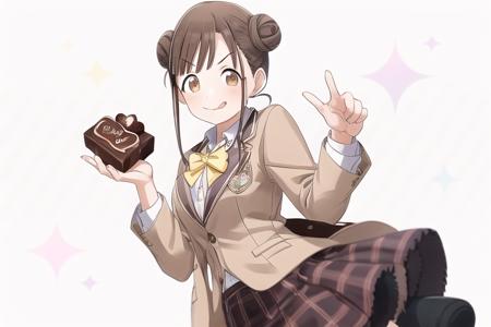 chiyoko sonoda, 1girl, bangs, blazer, blush, border, bow, bowtie, breasts, brown eyes, brown hair, brown jacket, brown skirt, checkered clothes, checkered skirt, chocolate, double bun, food, gradient background, hair bun, hands up, holding, holding chocolate, holding food, jacket, looking at viewer, medium breasts, medium hair, pink background, school uniform, sidelocks, skirt, smile, solo, tongue, tongue out, v, v-shaped eyebrows, vest, white border, white vest, wing collar, yellow bow, yellow bowtie
 <lora:shiny-sd1-v1:1>