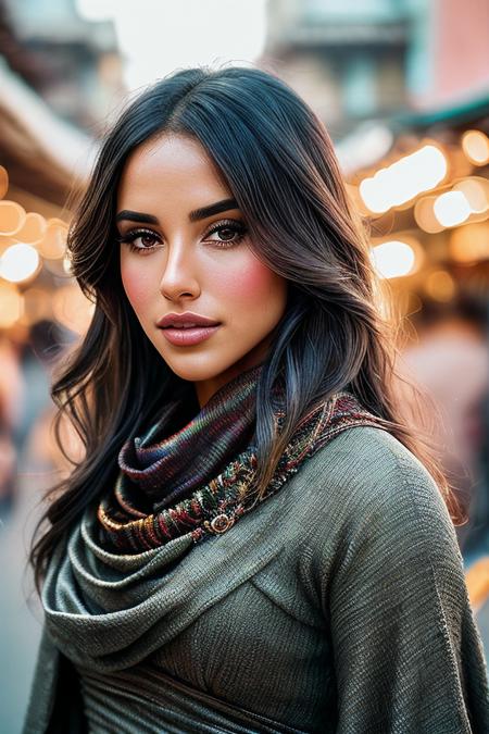 beautiful woman (Ay4S4m4h4-340:.99), beautiful hair, ((portrait)), (closeup:1.2), ((from the waist up)), (( A bustling, colorful street market in Mexico City :1.2)) , natural skin texture, (( Cowl neck dress:1.2)), 24mm, 4k textures, soft cinematic light, adobe lightroom, photolab, hdr, intricate, elegant, highly detailed, sharp focus, ((((cinematic look)))), soothing tones, insane details, intricate details, hyperdetailed, low contrast, soft cinematic light, exposure blend, hdr, faded, now, ("I've got a bad feeling about this.":1.1)