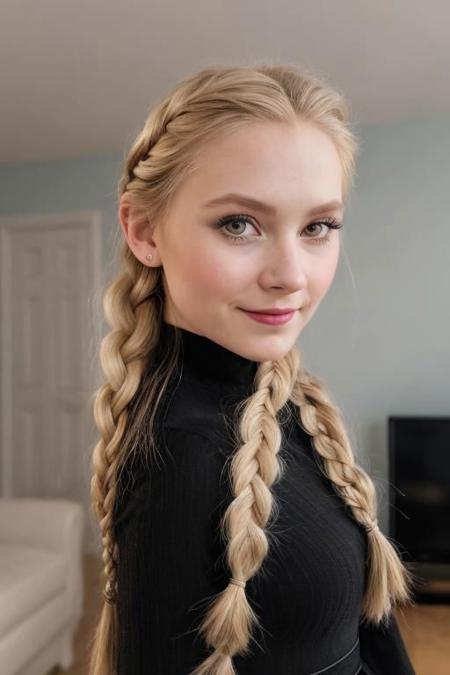 (the rule of thirds), disney frozen animation movie,masterpiece, highres, 4k, 1girl, blush, solo, photo, photography, anna frozen, very close,indoor princess room,simple background photo, (((wears black dress)), ((ultra sharp, tack sharp)), <lora:elsa_of_arendelle_v1:0.8>,elsa_of_arendelle,single_braid, elsa \(frozen\), eyelashes, eyeshadow, hair tie, lips, looking at viewer, makeup, nose, dark lips, single braid, flower in hair, closed mouth smile,living room
