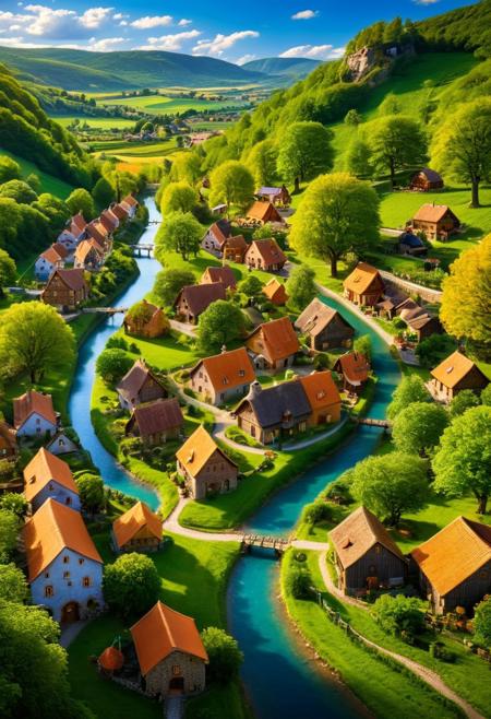 from above view of a village, houses along a path, mills, path leading towards a hill, green hill, multiple farms, different patterns on farms, small farms, farms lined by trees, orchards, river in the front with a watermill, orange roofs, warm yellow houses, awkward scale, blue sky, strange-shaped clouds, a fantasy village, whimsical, detailed street view, vibrant trees, exaggerated sense of scale, stunning landscape, professional photography, exaggerated colors, style of J.R.R. Tolkien, charming, children-friendly style, (lighting: natural lighting, vibrantly green, colorful, high contrast, ), ((4k, 8k, Ultra HD)), (foreshortening:2), depth of field, ((Detailed background :1.5)), amazing quality, very awa, highres, absurdres, ((Masterpiece :1.2)), ((Best quality :1.2)), ((Detailed :1.5))