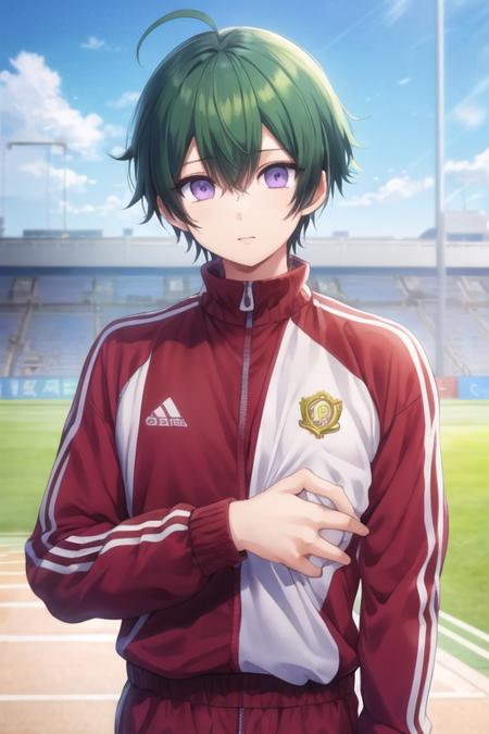 masterpiece, best quality, high quality, 1boy, solo, male focus, looking at viewer, upper body, <lora:takaharu_ootomo:0.56>, takaharu_ootomo, purple eyes, green hair, , track suit