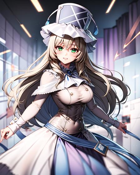 masterpiece, best quality, high quality, 2k, 4k, pmmmorikomagi, 1girl, green eyes, blonde hair, white dress with puffy skirt, long sleeves, decorative shield on skirt, high white hat with two tassels, shawl on shoulders, (dynamic shot), cowboy shot, looking at viewer, colorful, <lora:pmmmorikomagi-000016:0.8>