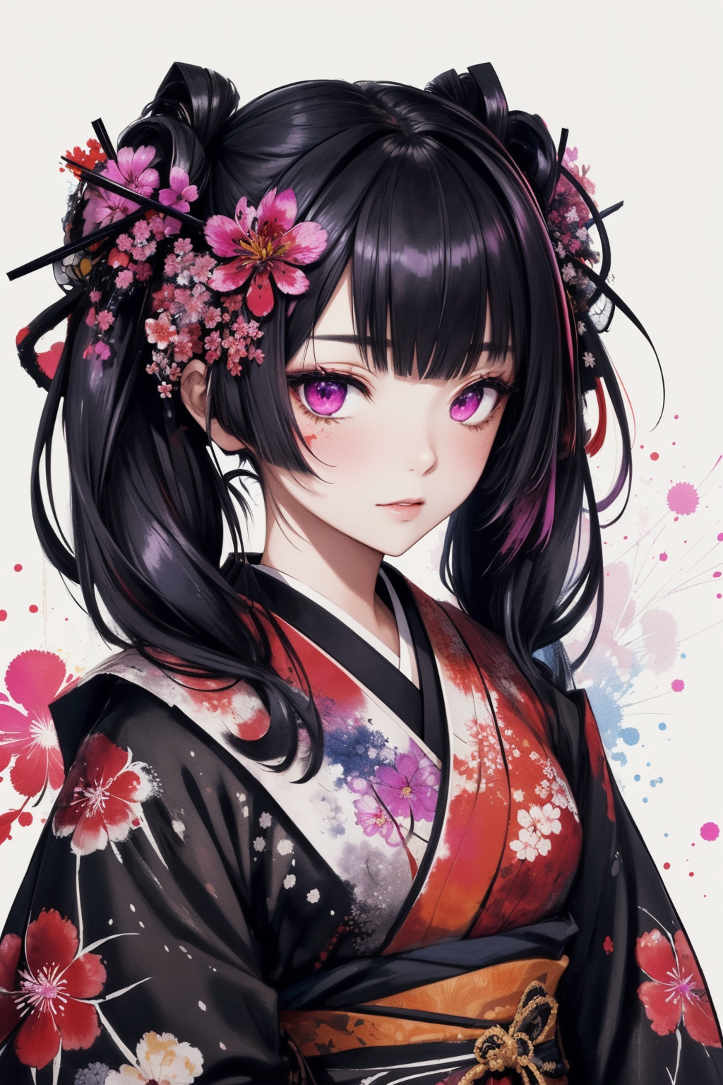 masterpiece, best quality, 1 girl, kimono, (lycoris flower) in hair, highly detailed, high definition, twintails, (magenta...
