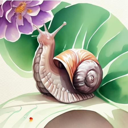a watercolor illustration of a snail sitting on a leaf on a flower <lora:snailz5:.7>