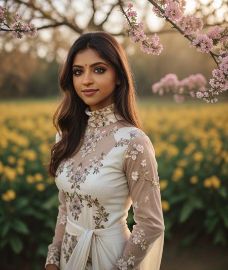 s4ar0m, nature, Spectacular light, Colorful flowering, 8k, soft lighting, high quality, film grain, Olympus OM1 sharp focus, f 3.4, (eye shadow), (eyeliner), ((detailed eyes)), (seductive pose), upper body, smile, upper body, dress, Long dress, breast, Turtleneck, Kaziranga National Park