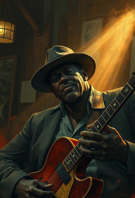 Volumetric lighting from a low angle captures Robert Johnson in a gritty Alabama bar, a Blue Note-esque noir fantasy illustration. A lone lady, with a sad ending, is presented in contemporary deconstructed portrait style. Layered textures, muted colors, bold brushwork, and dramatic light beams through dust or fog create a dynamic composition.