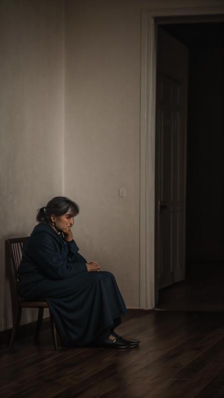 solitude, a person sitting on a chair alone mediating in a dark empty room, dark and mysterious ambience, dressed in normal clothes, detailed background, highly detailed face, extremely detailed, high quality, best quality, looking at viewer, facing camera, whole body, full body in frame
