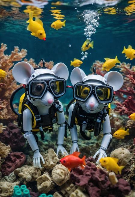 Professional photo of a couple of mice scuba diving ,
Realistic, colorful fish made out of Legos, beautiful, wonderful, cinematic, whiskers, mask, air regulator, fins, swimming underwater, ocean