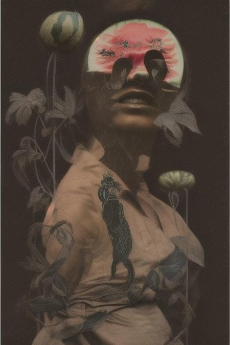 (dark shot:1.1), epic realistic, electric red space, a gorgeous space maiden holding a (watermelon:1.3) ,flower field and ayahuasca background filled with plants, magical serpents, at dusk, soft focus, sigmar polke, Ultrarealistic, CineColor, (nsfw:1.1)  fibration bundles creating lens distortion randomizing the predicted optical flow back across subjects face <lora:picxer_bside:2>, faded, (neutral colors:1.2), (hdr:1.4), (muted colors:1.2), hyperdetailed, (artstation:1.4), cinematic, warm lights, dramatic light, (intricate details:1.1), complex background, (rutkowski:0.66), (teal and orange:0.4)