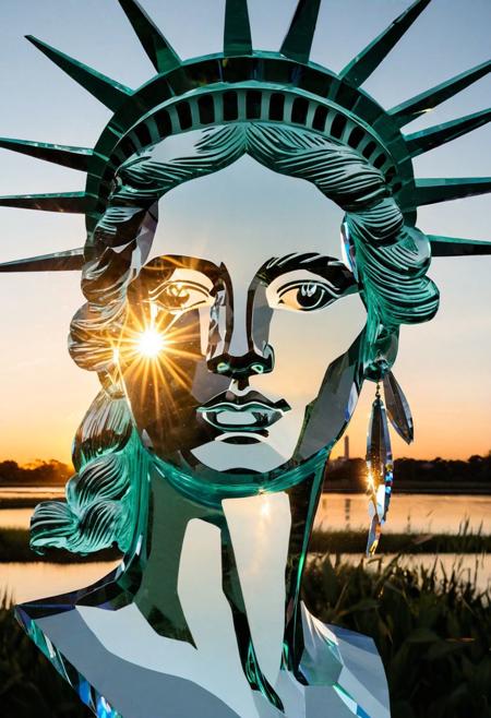 Crystal sculpture Statue of Liberty portrait at sunset using negative space, translucent female face with ethereal beauty positioned centrally, lightning strikes in the background depicting vibrant nature energy, minimalist shower silhouette on the right symbolizing the aftermath of the storm, nighttime scene on a reflective surface enhances the engagement of direct eye contact and a direct gaze, ethereal atmosphere enveloping the subject, inspired aesthetics within a cinem