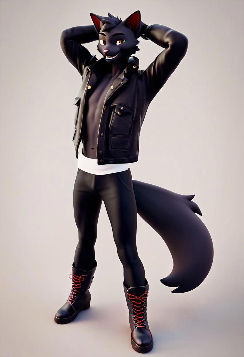 (masterpiece), best quality, 3d, cgi, expressive eyes, score_8_up, score_7_up, (1boy), solo:2, ((source_furry), source_cartoon:0.6), anthro, furry,
boy:1, solo:1,(petite body, flatchest, twink), anthro cat boy, black fur, hard neck jacket, black jacket, cropped jacket, visible bottom, black pants, high boots,
standing up, arms up, smiling, looking at the camera, 3/4 view,
simple background,