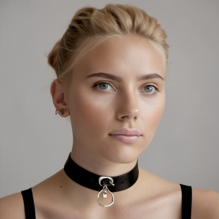 High quality portrait photo of a beautiful young woman (wearing lipgloss) and wearing a black thin choker, she has long blonde hair that is tied up in a messy bun, Nikon Z9, skin texture visible, (sharp focus), (high quality), facing forward