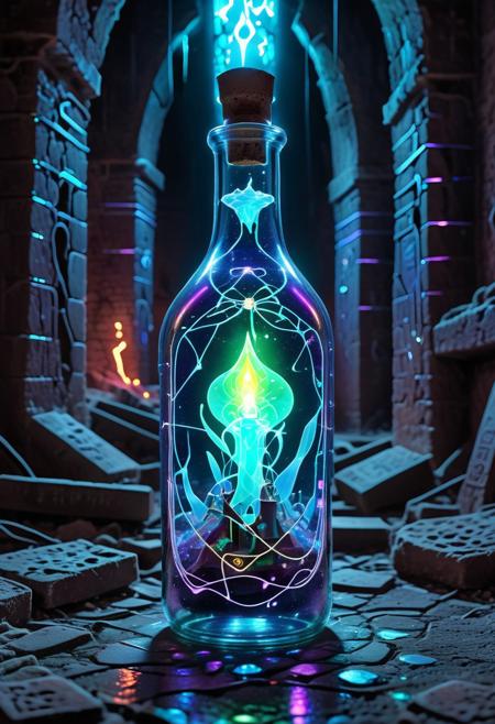In a sleek, neon-lit city of the future, a mysterious bottle made of shifting, iridescent glass is discovered in the ruins of an ancient lab. The bottle emits a soft hum, its liquid contents swirling like a galaxy. When opened, the bottle doesn’t release a liquid but a holographic genie made of pure light, offering the finder three wishes. However, with each wish granted, the bottle begins to crack, leaking fragments of time that alter the world around it in unpredictable ways.