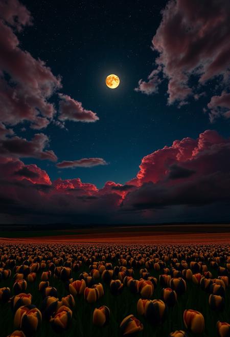 (((Black and gold tulips))), extremely detailed sky, from a high cliff, starry sky, dark night, moon on fire, fields of black and gold tulips, beautiful fields, very bright, vibrant clouds, red clouds, storm coming, 8k wallpaper, romantic, perfect quality, very detailed, beautiful