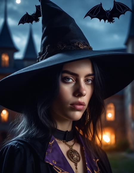 cinematic photo hyper realistic portrait painting, beautifully rendered, gorgeous (((ohwx woman))) witch with a hat, moonlight, bats, castle in the background, painted by greg rutkowski, wlop, artgerm, dishonored 2   <lora:billie_dh128_lora_v2:1.1> . 35mm photograph, film, bokeh, professional, 4k, highly detailed