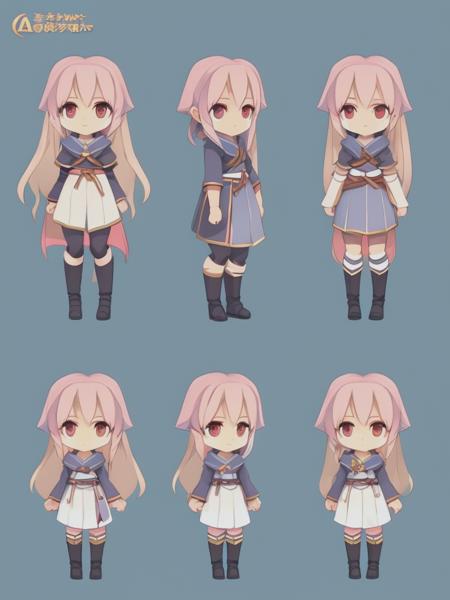 <lyco:CharacterDesign:1.0> A character design set of a a female character, anime style, character style, cute, standing, standing from the front and back, walking, medieval fantasy style, Design, pastel colors, chibi