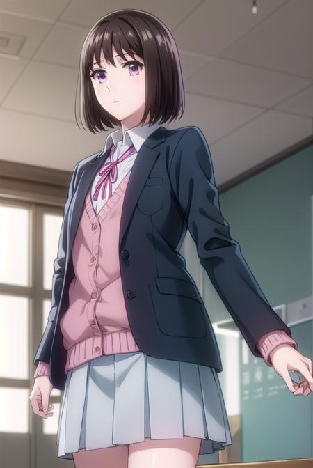 ichikaarima, <lora:ichika arima s1-lora-nochekaiser:1>,
ichika arima, short hair, brown hair, (pink eyes:1.3),
BREAK skirt, shirt, long sleeves, ribbon, school uniform, jacket, white shirt, pleated skirt, socks, collared shirt, red ribbon, kneehighs, neck ribbon, blazer, green skirt, black socks,
BREAK indoors, classroom,
BREAK looking at viewer, (cowboy shot:1.5),
BREAK <lyco:GoodHands-beta2:1>, (masterpiece:1.2), best quality, high resolution, unity 8k wallpaper, (illustration:0.8), (beautiful detailed eyes:1.6), extremely detailed face, perfect lighting, extremely detailed CG, (perfect hands, perfect anatomy),