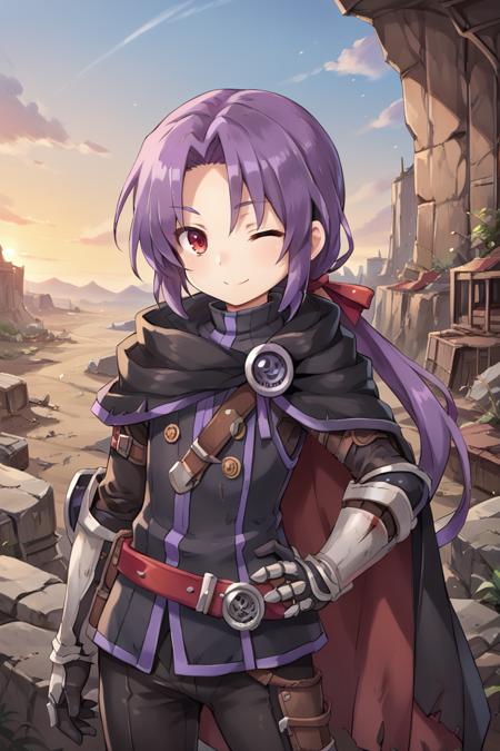 rusdef, 1boy, red eyes, purple hair, long hair, ponytail, low ponytail, hair ribbon, black cloak, cape, tunic, belt, black pants, gloves, gauntlets, white boots,