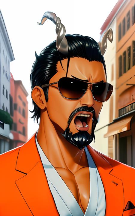 anime, <lora:sajevtu:0.4>, dark tanned skin, close up of sajevtu, black hair, goatee beard, two silver twisted horns, aviators, screaming, orange yakuza suit, 8k, octane render, by seunghee lee, Jang Tae-Hwan, Chocofing R, seungho lee, trending on pixiv, fanbox, skeb, masterpiece, smooth soft skin, big dreamy eyes, beautiful intricate colored hair, symmetrical, anime wide eyes, soft lighting, concept art, digital painting, (((medieval street background))),