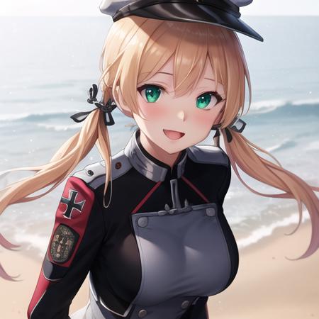 (masterpiece, best quality:1.2),illustration,8k,hd,1girl,solo,hat,blonde hair,twintails,uniform,gloves,hair ornament,military uniform,anchor hair ornament,peaked cap,white gloves,low twintails,iron cross,breasts,smile,long sleeves,military hat,long hair,green eyes,aqua eyes,microskirt,black thighhighs,black skirt,pleated skirt,<lora:Prinz Eugen-V1:0.8>,