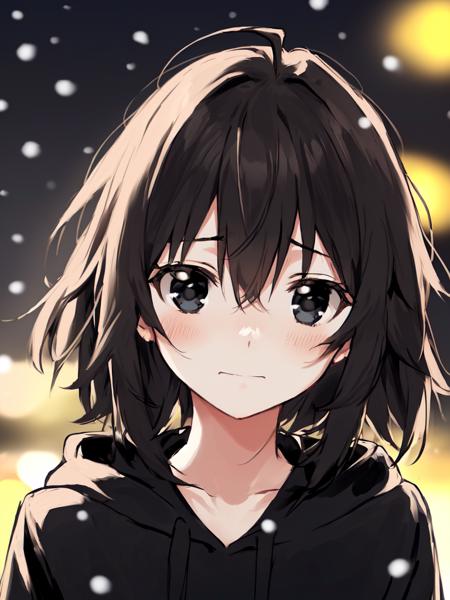 absurdres, masterpiece, highres, cinematic, full HD, 8k, intricate detail, ultra detailed, portrait, 1girl, (((black eyes, black hair))), fluffy, black sweater, black hoodie, (((looking at viewer))), gothic, bangs, medium hair, eye focus, winter, night, outdoors, depth of field, bokeh, blurry background, snow particles, :<, :<, detailed eyes, expressionless, ahoge, upper body, [blush], light smile, sad, melancholy