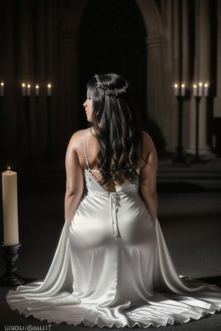 Photo•raw•8k uhd•dslr•high quality•ultra-realistic•realistic•realism•film grain overlay•Fujifilm XT3.
View from behind, dark gothic-style•candle-lit room•ancient stone altar.
1woman•wearing a (white satin gown dress)•(voluptuous)-body•kneeling•honey dripping arms.