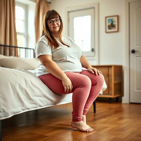 A full body shot of a chubby adult Scottish woman with long straight bangs, glasses, a white t-shirt, and pink textured leggings. She is barefoot wearing pin bdsm lether cuffs on anklessitting  the side of a daybed in a bedroom with hardwood floors. Warm lighting,