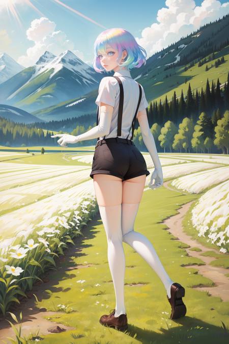 diamond, multicolored hair, multicolored eyes black shirt, elbow gloves, necktie, short shorts, belt, white thighhighs, shoes white shirt, suspenders, elbow gloves, necktie, short shorts, belt, white thighhighs, shoes
