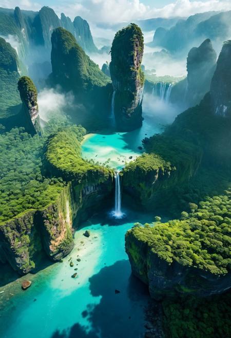 Aerial view, high-altitude perspective, secluded island amid crystalline archipelago, shimmering prismatic hues, undulating lush forests, cascading waterfall merging with mist-laden lagoon, expansive natural textures, intricate rock formations, verdant splendor, large ruins, dramatic atmospheric lighting, dynamic cinematic framing, advanced 8k quality, masterpiece level hyper-detail, surreal interplay of shadow and radiant brilliance, evocative color palette, majestic scale, ethereal ambiance, intricate detailing, spatial depth, refined composition.