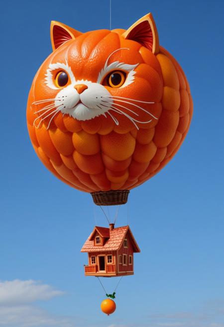 score_9, score_8_up, score_7_up, cute fluffy cat ballon made of blood orange, wooden house floating in the sky carried by a giant cute fluffy cat ballon made of blood orange, World with blood orange Creativity