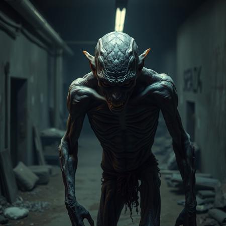 Impossibly thin hulking gangly creature with overtly masculine features, protohuman facial features and pale sticky flesh texture, skulking in the shadows of a sprawling dusty basement environment, photorealistic, hdr, dusk
