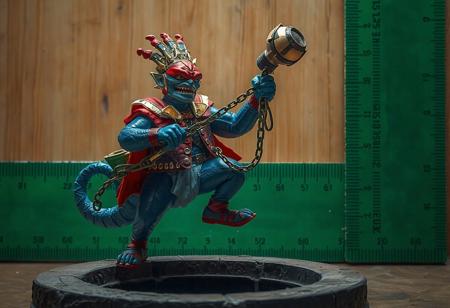 The image depicts a dynamic scene of a Coach King Giantrainer, poised on a Bottomless Trap Hole, holding a Blast with Chain. The Coach King Giantrainer is a  blend of blue and red, with a detailed body and head adorned with contrasting accents. A green ruler in the background adds depth to the harmonious color scheme. This 8k resolution masterpiece captures a moment of action in high quality, with vivid emotions and a powerful message, showcasing intricate details, sharp lines, and stunning colors. A true cinematic experience.