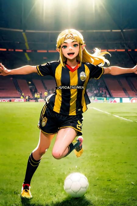 (extremely detailed CG unity 8k wallpaper), (best quality), (ultra-detailed), (best illustration), 1girl, detailed soccer stadium, outdoors, beautiful sunlight, soccer uniform, shorts, socks, soccer, (striped uniform),  green field , <lora:zelda_ALBW_v1:0.6>, princess zelda, albw, long hair, blonde hair, <lyco:tachira-10:0.7>, tachira, crown, smiling