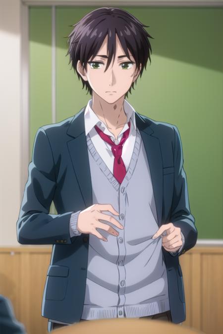 kaitamaru, <lora:kai tamaru s1-lora-nochekaiser:1>,
kai tamaru, short hair, black hair, male focus, mole, (green eyes:1.3), mole under mouth, hair between eyes,
BREAK shirt, long sleeves, school uniform, jacket, white shirt, open clothes, necktie, pants, open jacket, blazer, cardigan, red necktie, sweater vest, brown pants,
BREAK indoors, classroom,
BREAK looking at viewer, (cowboy shot:1.5),
BREAK <lyco:GoodHands-beta2:1>, (masterpiece:1.2), best quality, high resolution, unity 8k wallpaper, (illustration:0.8), (beautiful detailed eyes:1.6), extremely detailed face, perfect lighting, extremely detailed CG, (perfect hands, perfect anatomy),