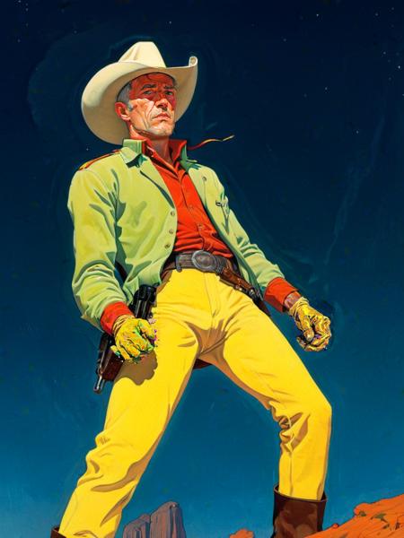 the mn with no name, clint estwood cow-boy hard gaze shows signs of a life spent wildly and dangerously
<lora:xl_more_art-full_v1:0.95> <lora:!action-sdxl-V0.5:1> in a zdyna_pose, dutch angle, from below, low camera angle actions scene, foreshortening, style by Henri Matisse and Kees van Dongen
