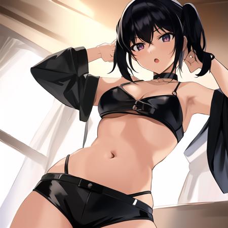 ((masterpiece)), (best quality), (absurdres), <lora:KonbuWakameStyle:0.6>, 1girl, black hair, navel, midriff