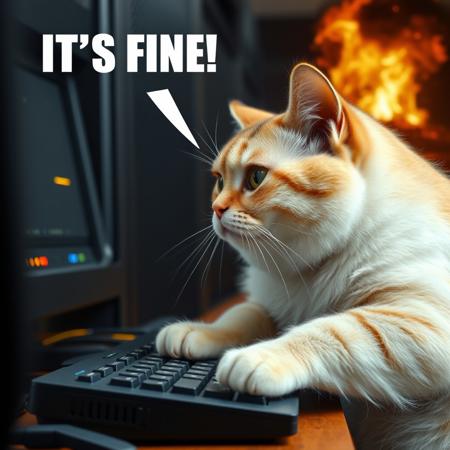 Funnyshocked fat cat typing on keyboard, Eye Understanding Photo, 1 Dog, side view, Text (ITS FINE), wild cat, Frustrated, Trying to Fix Burning and Exploding Server Room