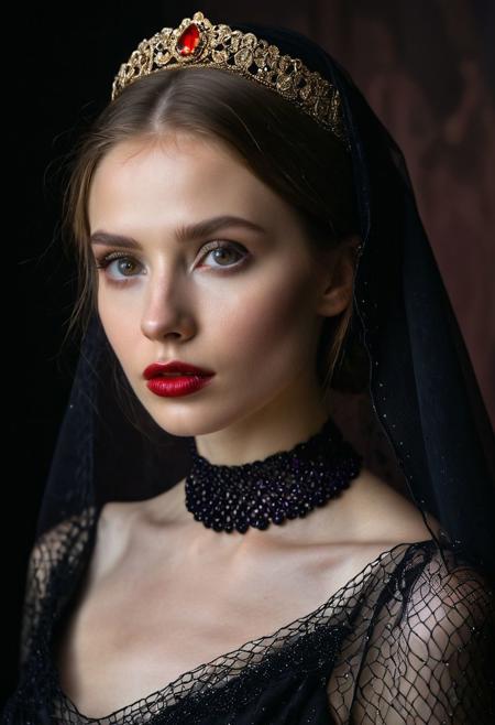 A professional (fashion photo photography:1.2),a  (studio portrait:1.2),showing (surrealistic style:1.1),(black purple gradient background:1.2),(exaggerated character movements:1.5),against glass,(masterpiece, best quality:1.4), perfect body,  long hair, brown hair, brown eyes, parted lips, , detailed skin,model photoshoot, long bob-cut hair, shiny oiled skin, pale skin,  pale white skin, shiny oiled skin, pale skin, realistic eye and face details), hyperrealism, very slim,  4k HDRvaporwave style Ultra High Resolution, wallpaper, 8K,Rich texture details, hyper detailed, detailed eyes, detailed background, dramatic angle,Ultra High Resolution, wallpaper, 8K,Rich texture details, hyper detailed, detailed eyes, detailed background, wearing translucent veils, elegant profile pose, dark photography, dramatic lighting, black background, deep shadows, chiaroscuro, (old russian folk light dress red ornaments:1.1) slim elegant russian girl folk hairstyle halo above head (icon style:1.2) choker, make-up photography by (Ethel Warwick:1.3), modelshoot, pose, , (Ethel Warwick: 1,2) award winning photo macro shot  dramatic lighting,philosophical dimensions,NIKON Z9,35mm,f/1.2,RAW format,stark composition.,(muted tones:1.2),award winning photo,(dream-like quality:1.2),