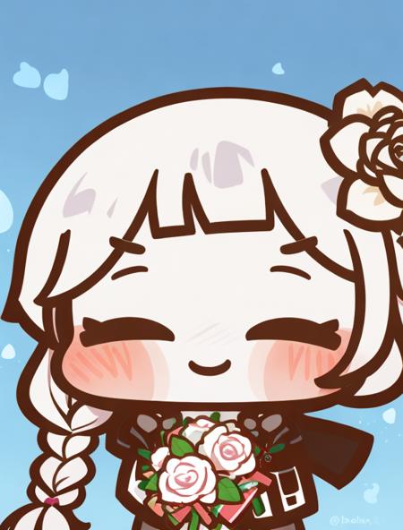 1girl, virtual youtuber, solo, flower, closed eyes, bouquet, white hair, braid, smile, hood, holding bouquet, long hair, rose, hood down, holding, white flower, low twin braids, bangs, jacket, cowboy shot, side ponytail, hooded jacket, side braid,dappled sunlight,
<lora:CoconutCorn-10:1>,chibi