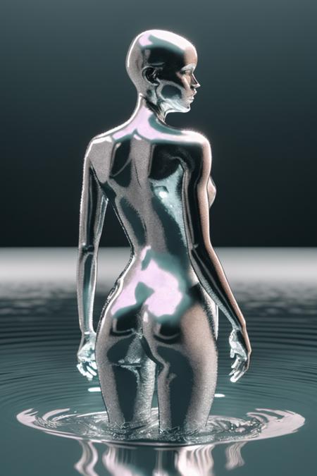 a woman in a silver bodysuit standing in the water , 3d render, c4d