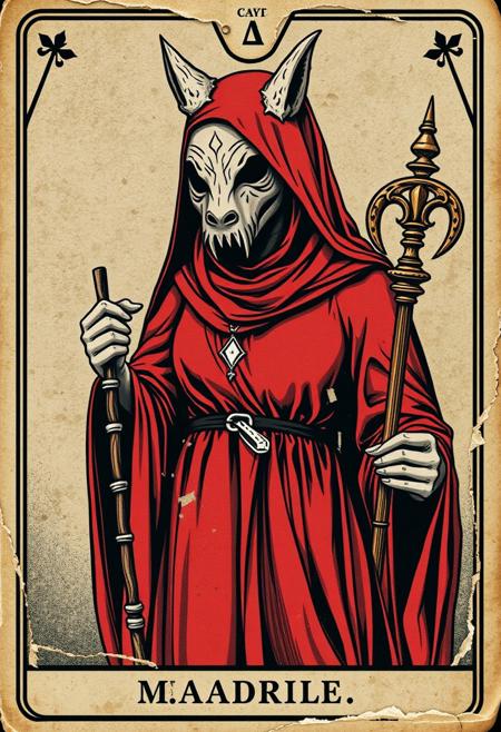 Torn and worn Tarot-card, the masked woman, wearing a white moldy mask that looks animal like, red long dress and a staff