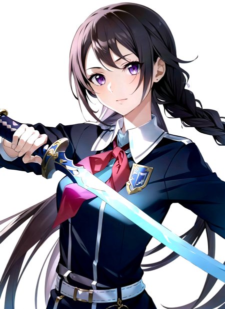 bunbun <lora:bunbun_offset:1>, masterpiece, best quality, sortiliena serlut,  1girl, braid, brown hair, french braid, holding, holding sword, holding weapon, long hair, looking at viewer, purple eyes, school uniform, solo, sword, sword mastery academy school uniform, unsheathed, upper body, very long hair, watermark, weapon, white background, wing collar