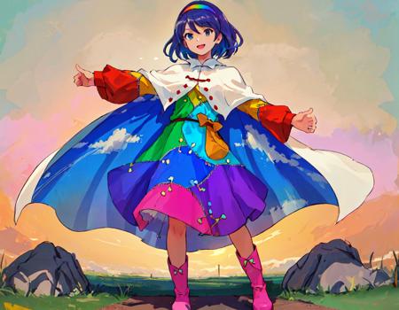 (best quality:1.5), (1girl), green field, grass, rocks, full body, Perfect_hands, detailed_face, (arm + hand + 1_thumb), highres, high_resolution, eyeliner, (Five_fingers_each), Perfect_hands, extremely_detailed_hands,  rainbow-colored hair band, rainbow-colored shattered-pattern clothes, zipper lines on clothes, white cloak with sky painting, sky painting on cloak, pink boots with a ribbon, tenkyuu chimata
<lora:Tenkyuu_Chimata_Test_Nai-000010:0.8>