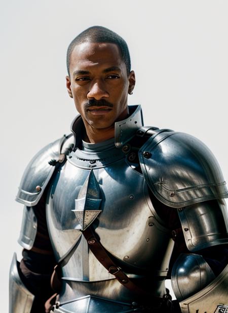 a photo of (em1), a man (wearing knight armor),  (simple white background), (focus on face:1.2), (masterpiece:1.2), (photorealistic:1.2), (best quality), (detailed skin:1.2), (intricate details), (8k), (HDR), (cinematic lighting), (sharp focus), (close-up:1.2), (looking at viewer:1.1) <lora:EddieMurphy:1>