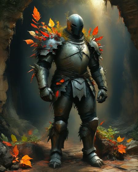 male massive earth elemental made of rock and dirt in the style of Roger Dean threatening a knight in shining armor , full body, large thorn leaves, transparency, sheen, imaginative lighting with reflections and refractions, colorful light, dark background,  magical cavern with hard lighting, hyper realistic, High definition, <lora:add-detail-xl:0.75> <lora:xl_more_art-full_v1:0.5>,  <lora:SandraChevrierXL:1> sachr,  <lora:Ben Aronson Style:1> Ben Aronson Style page,  <lora:MJ52:0.4>