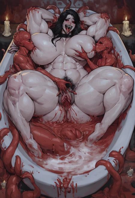 concept art, realistic, dark theme, high heels, low light, creepy, extremely long legs, very tall, skinny, anorexic, long breasts, (sagging breasts:1), naked, pale skin, long hair, (belly bloat:0.3), in a dark forest, realistic, pubic hair, Labiaxxl, creepy smiling, big thighs, huge thighs, large breasts, muscles, muscular female, muscular thighs, thunder thighs, ass, big thighs, huge thighs, large breasts, muscles, muscular female, muscular thighs, thunder thighs,,big ass, big thighs, huge thighs, large breasts, muscles, muscular female, muscular thighs, thunder thighs, armpit hair bbw, fat, fat ass,huge labia, fat labia, big booty, heavy, long tongue, drooling, red outline around hyper muscular, hairy legs, big breasts, hyper muscular,big breasts,bigger,vampire teeth,black neck strap,burn marks,blush,milf,wet hair,black sclera, red eyes,full body slime latex suit,((body covered in red slime thick dripping latex)), Infested,dehumanization, transformation, spreading legs, (masturbation:1.3) ,Swamp with a devil's castle visible,bathing in large bathtub,many tentacles bathtub(full),full oil,full of tentacles on the back(full), huge tentacle monster behind(full),in Zerg,red smoke behind,red Fog,candle,boy (breast sucking:1.2), fingering, (grabbing another's breast:1.1), size difference, 1girl, 1men,small man, smaller man, ((size difference)), woman bigger than man motion blur, (breast sucking:1.2), fingering, (grabbing another's breast:1.1),